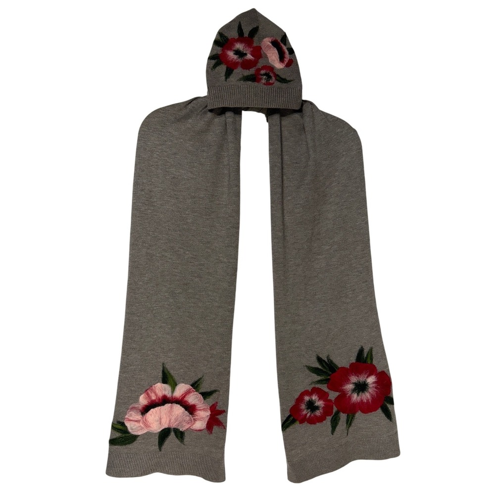 J. Jill Floral Hat and Scarf Set Wool Gray-Brown‎ Pink Red Wool Blend EUC